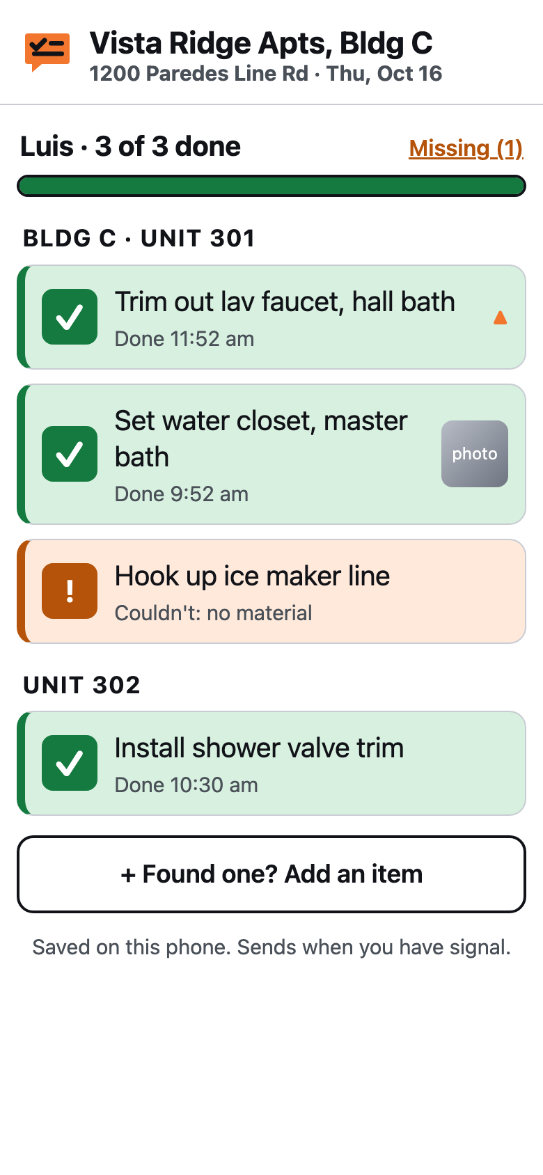 The same list a moment later: Luis has checked off Trim out lav faucet, hall bath, done 11:52 am, and the bar reads 3 of 3 done.